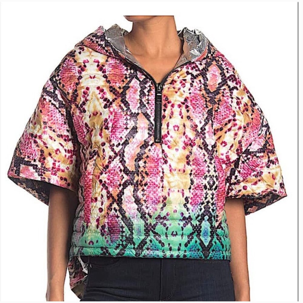THINK ROLYN High-Low Quilted Puffer Hooded Poncho, XS/S